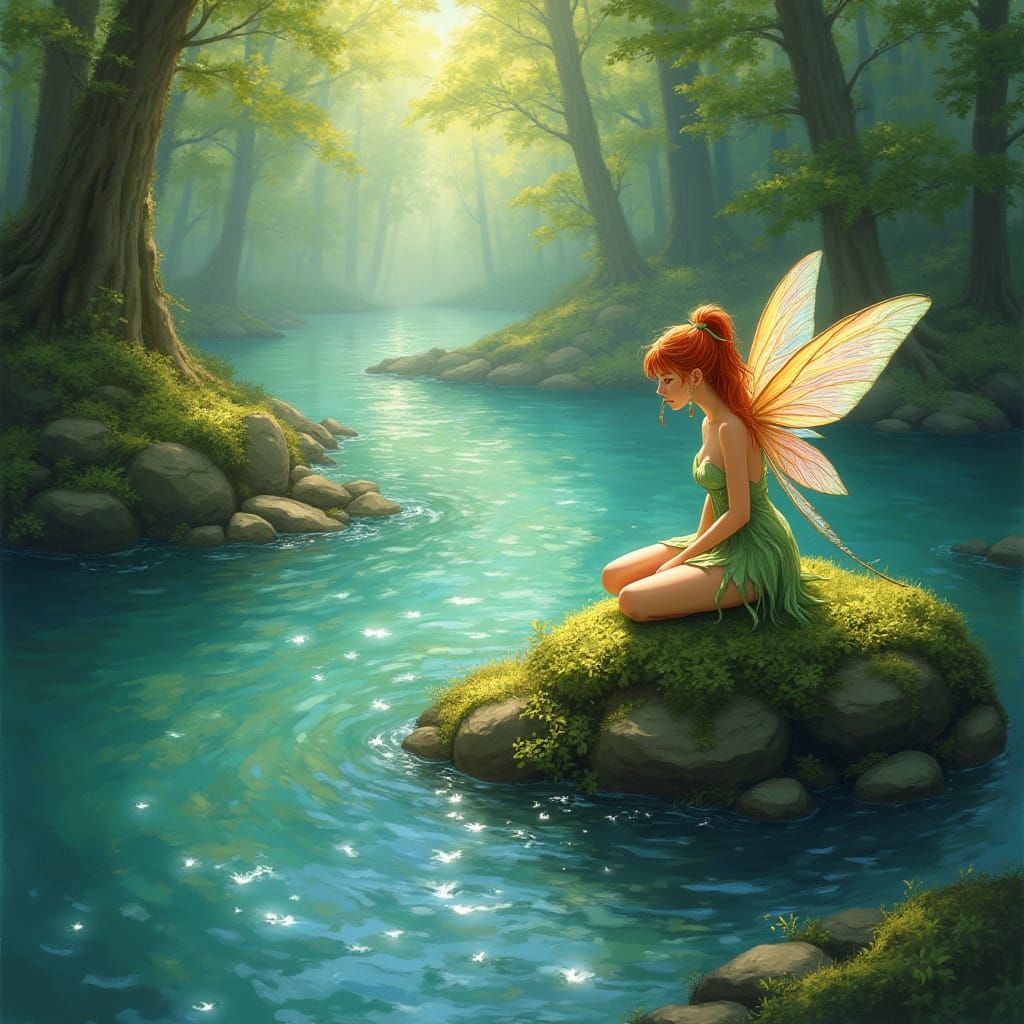 Ethereal Fairy on River Rock in Luminous Forest