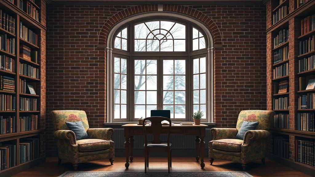 Cozy Victorian Library with Snowy Window View
