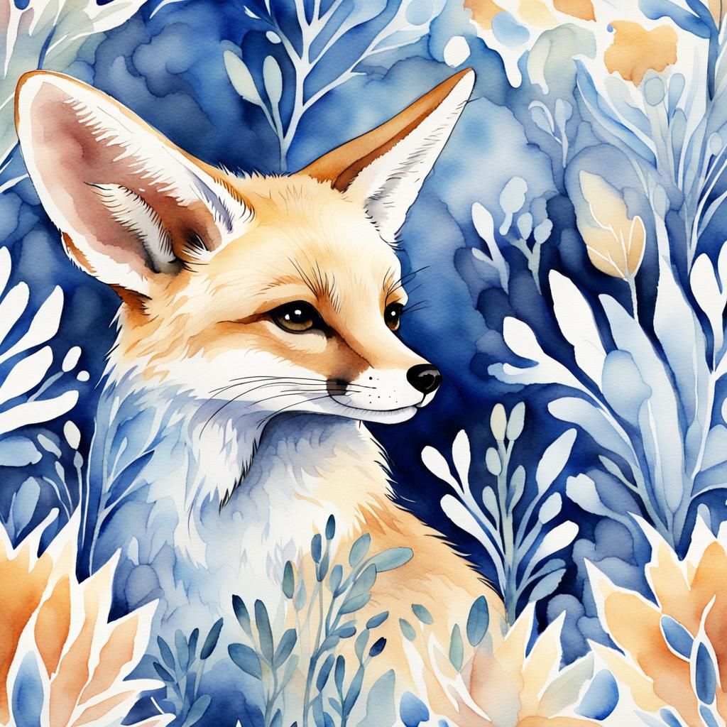 Serene Fennec Fox Watercolor Illustration in Delft Blue