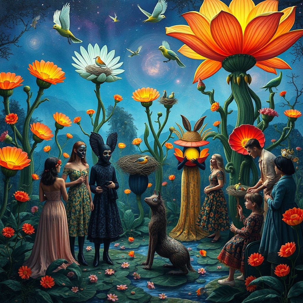 Surreal Garden Party with Bioluminescent Flowers