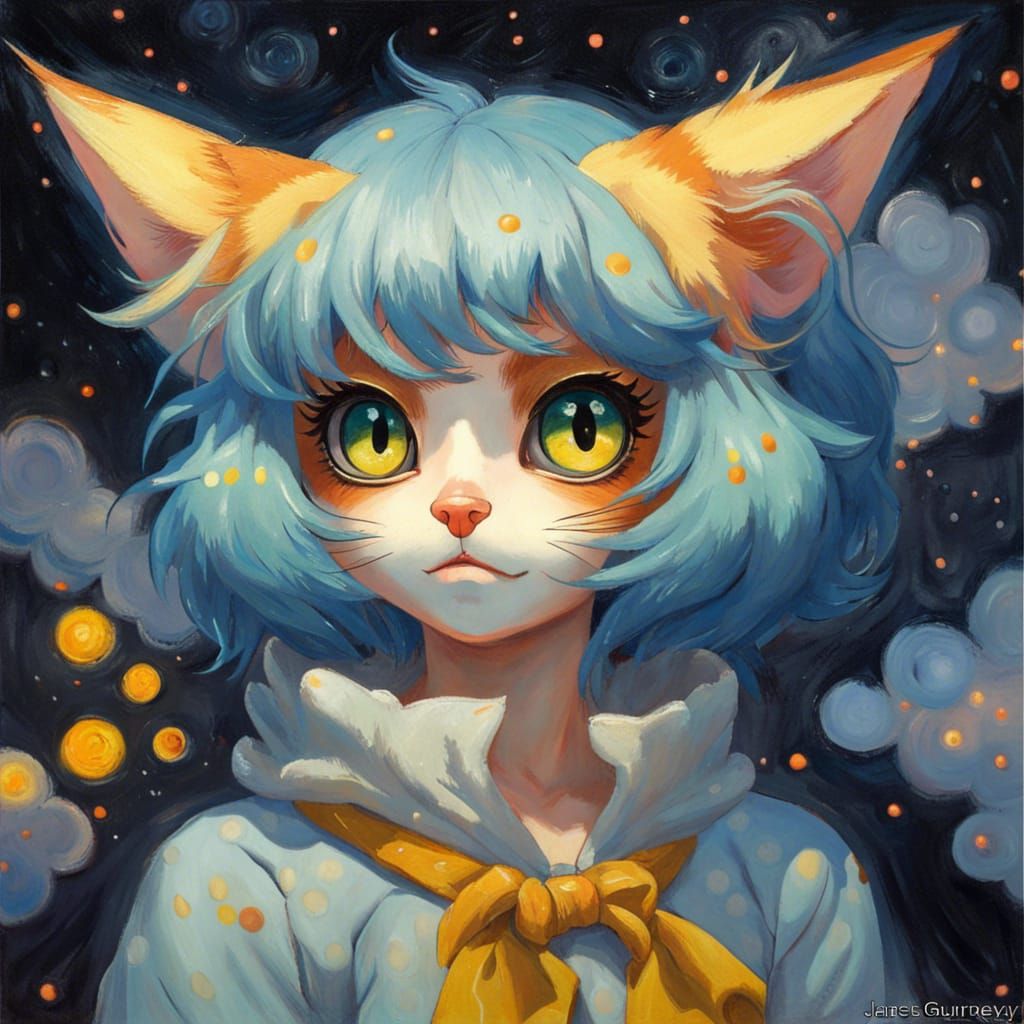 Anime Cat Girl in Van Gogh Oil Painting Style