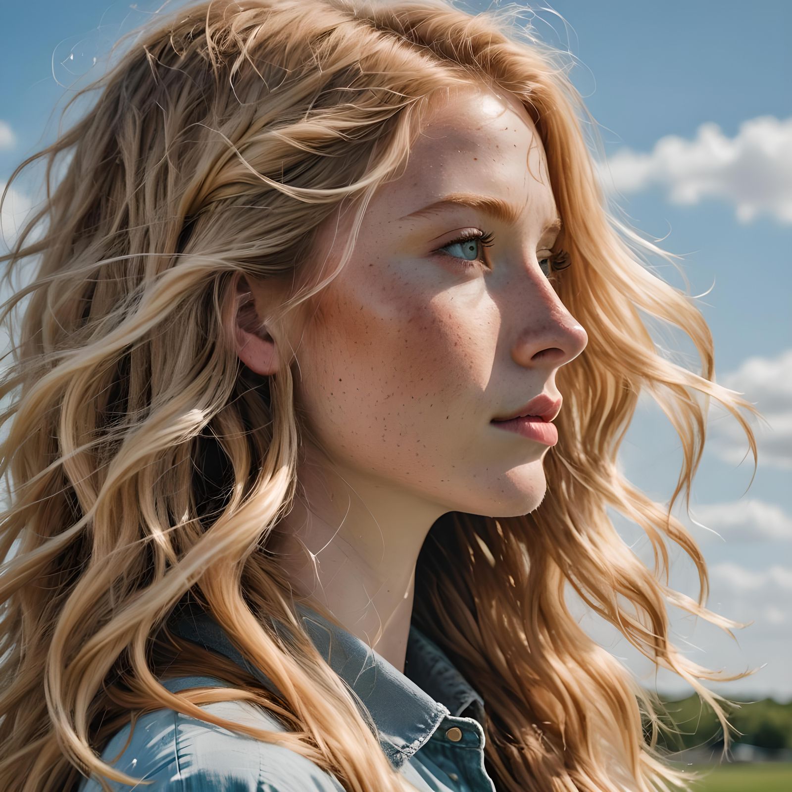 Blonde Girl Profile with Freckles and Blue Sky