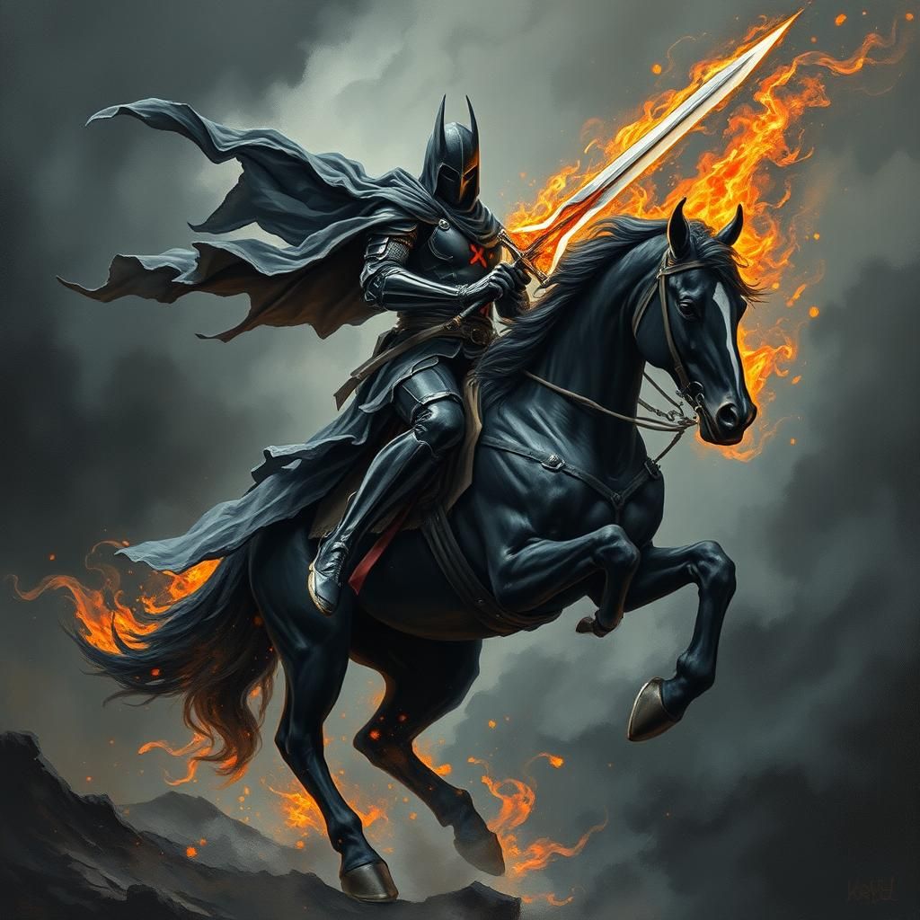 Dark Knight on Flaming Horse in Impasto Gouache