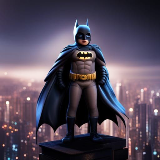 a photorealistic baby batman stood overlooking gotham city at night