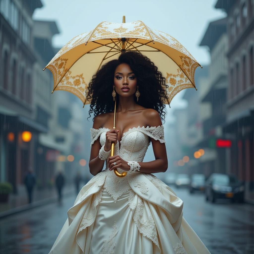 African American Woman in Stormy Cityscape