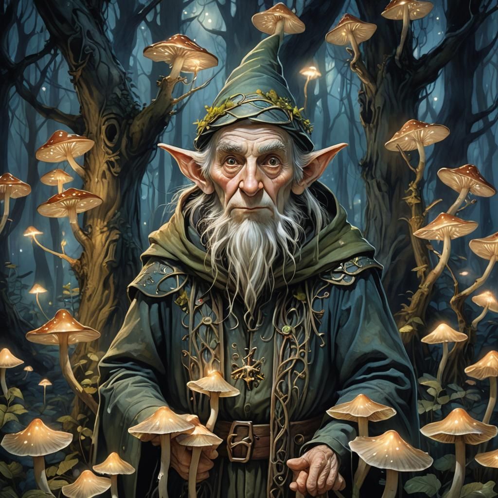 Bewildered Elf in Enchanted Forest at Night