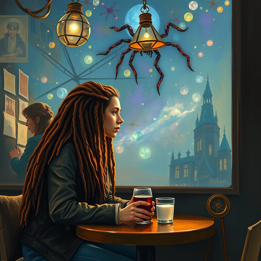 Romantic Scene of Space Spider Queen and Hipster Lover in Im...