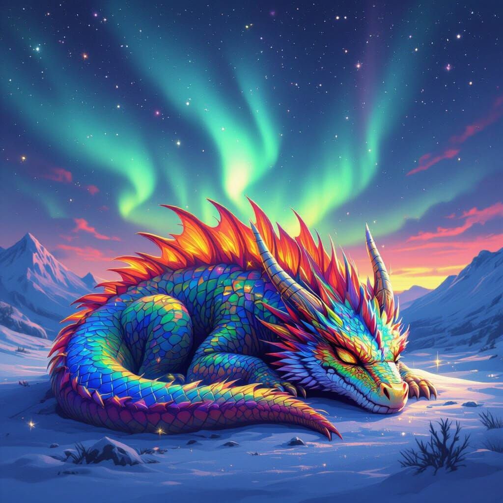 Rainbow Dragon Dreams Under Northern Lights