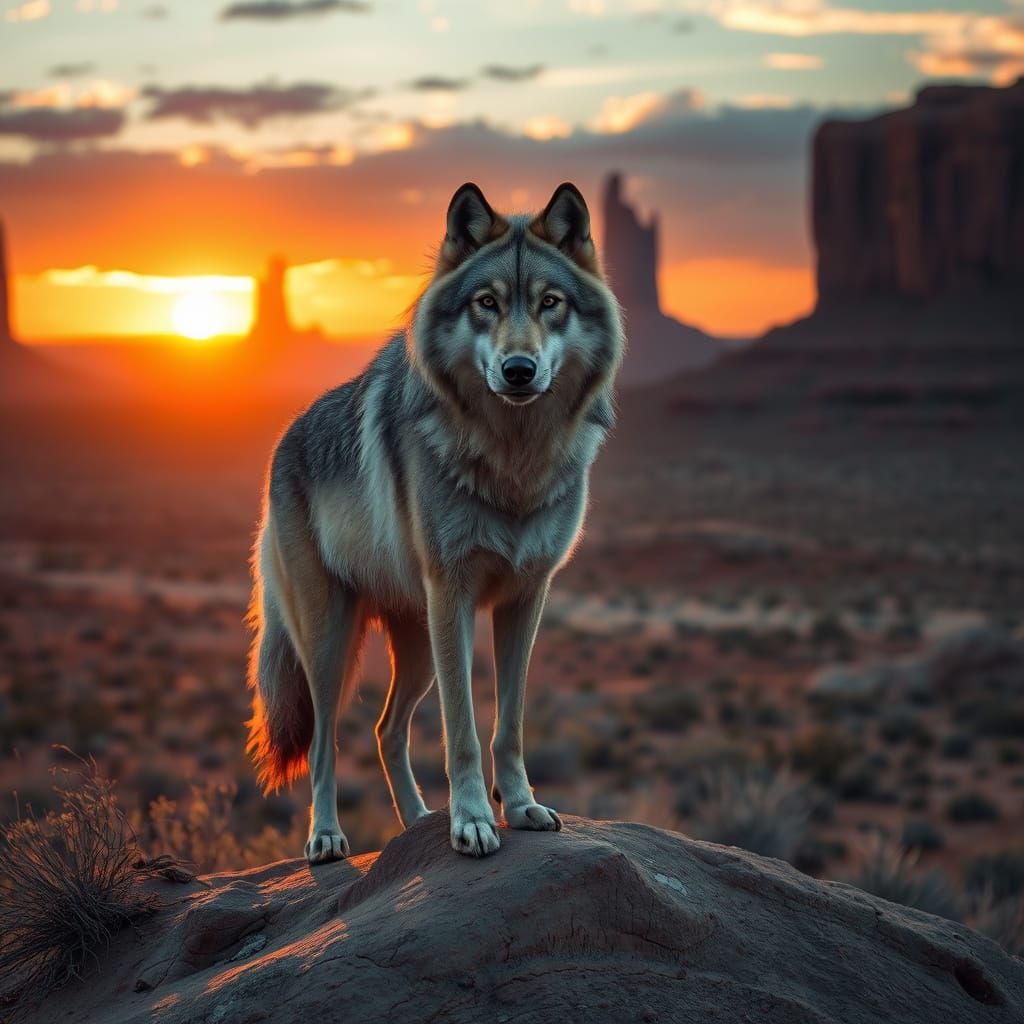 Silver Wolf on Windswept Mesa at Sunset