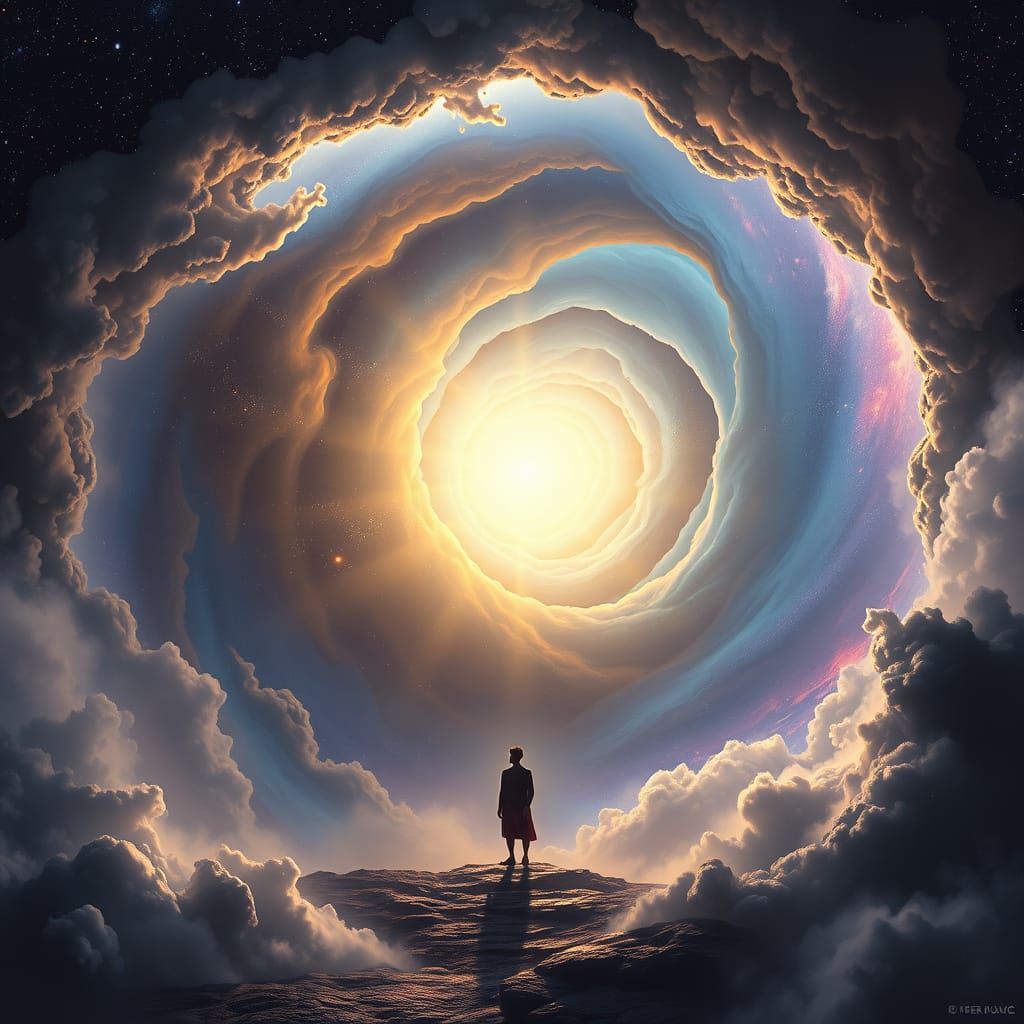 Serene Figure Amidst Cosmic Chaos, Digital Matte Painting