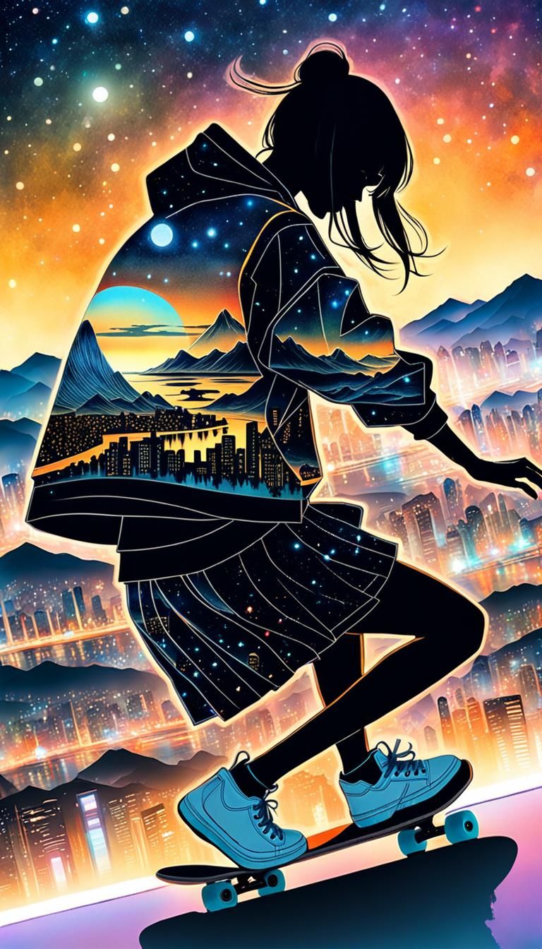 Anime Skater Girl in Double Exposure Cityscape