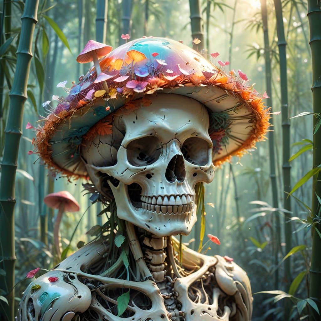 Skull in Bamboo Forest: Watercolor and Vibrant Colors