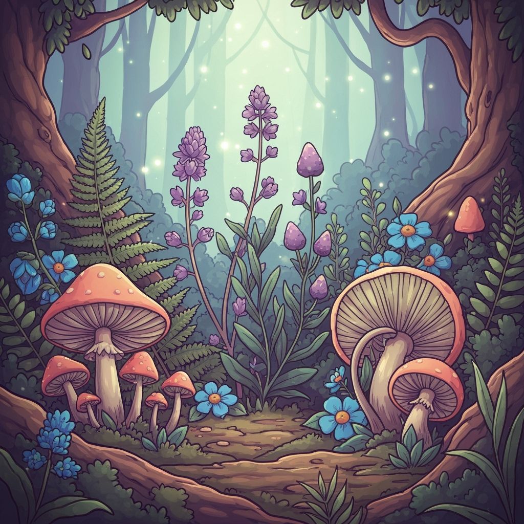 Magical Herbs and Plants in a Whimsical Forest