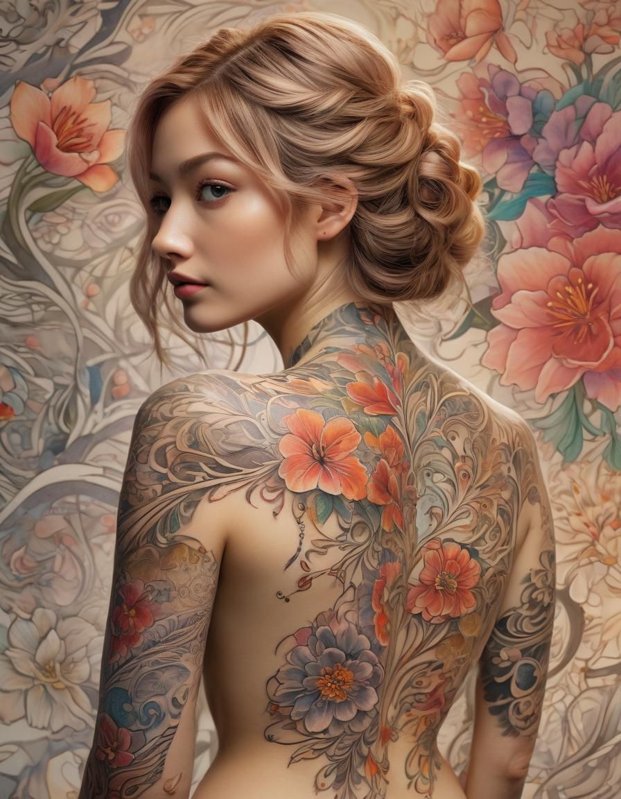 Vibrant Abstract Floral Tattoo Art in Japanese Style