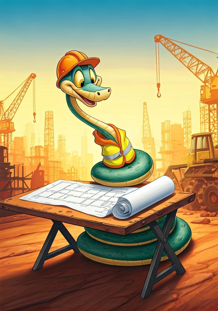 Cartoon Snake Construction Worker Studying Blueprints