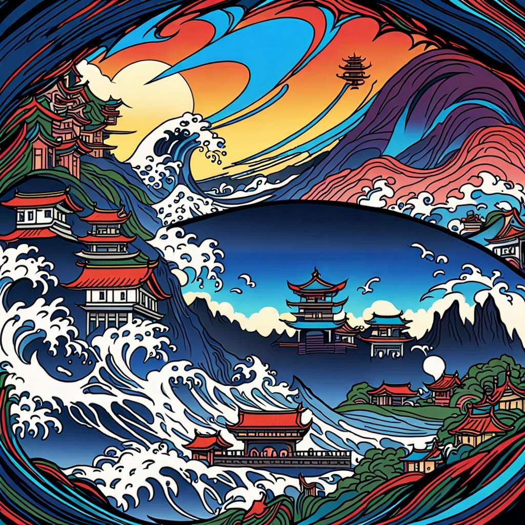 Cats Invade The Great Wave: Detailed Matte Painting