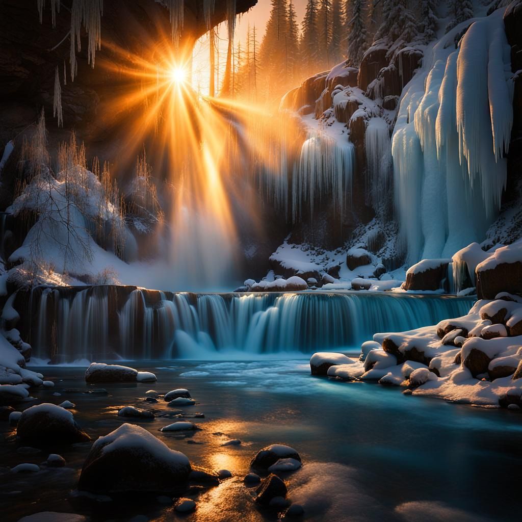 Ethereal Frozen Waterfall in Sunlight: Nature's Majesty