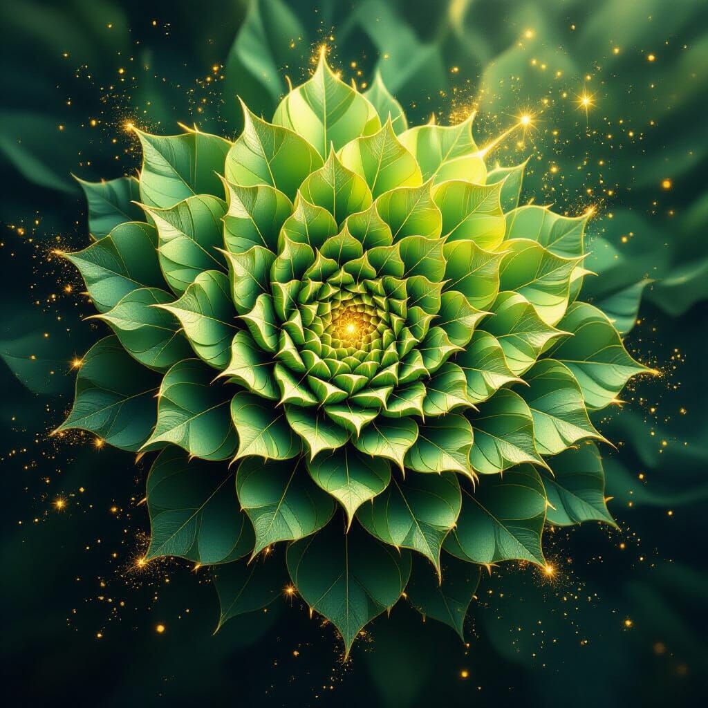 Intricate Fractal Bloom with Green Leaves and Gold Sparks