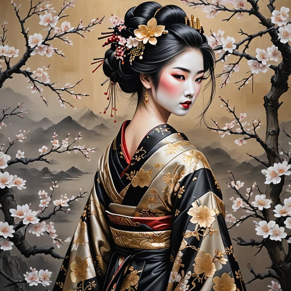 Geisha in 3D Oil Painting with Cherry Blossoms