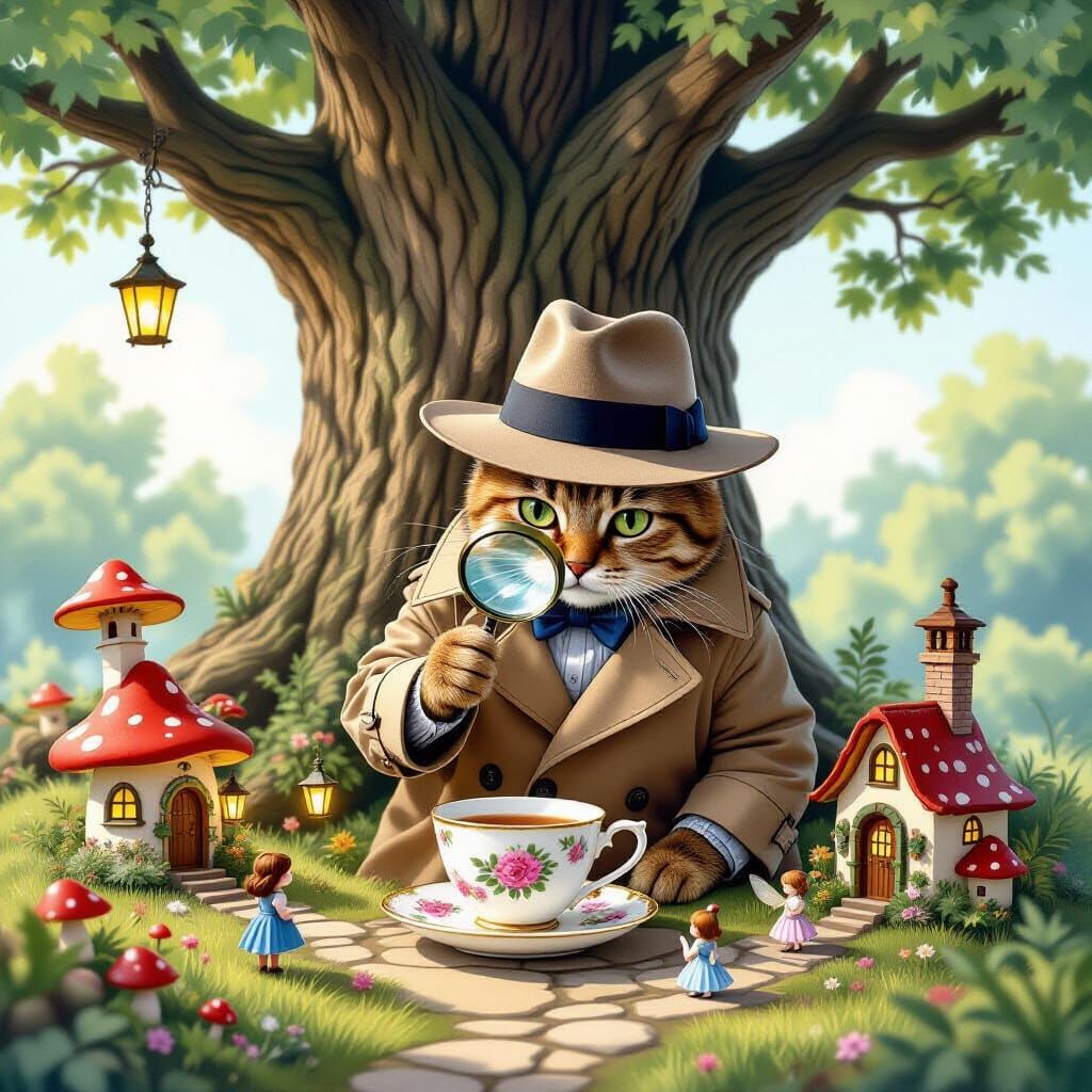 Cat Detective Investigates Fairy Village, Watercolor Style