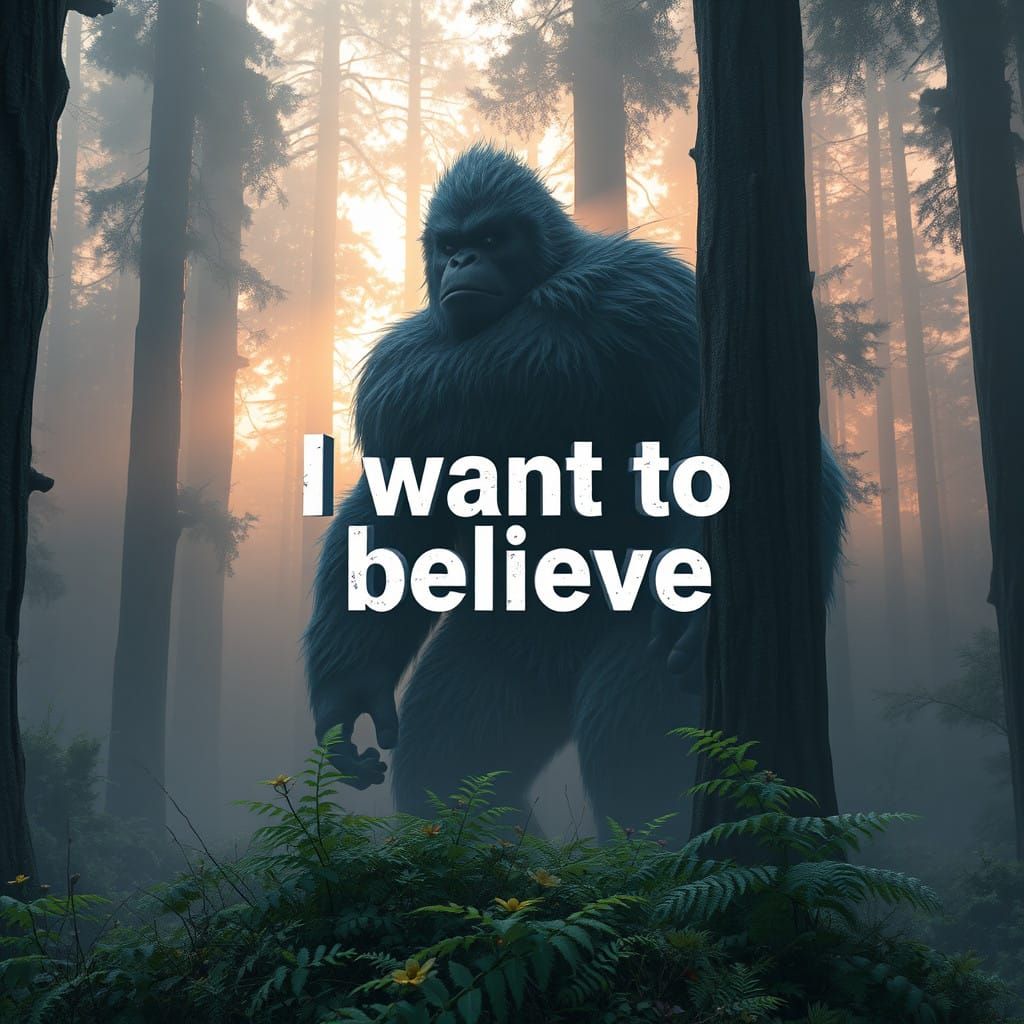 Sasquatch in Misty Forest Landscape, with Golden Hour and Gr...