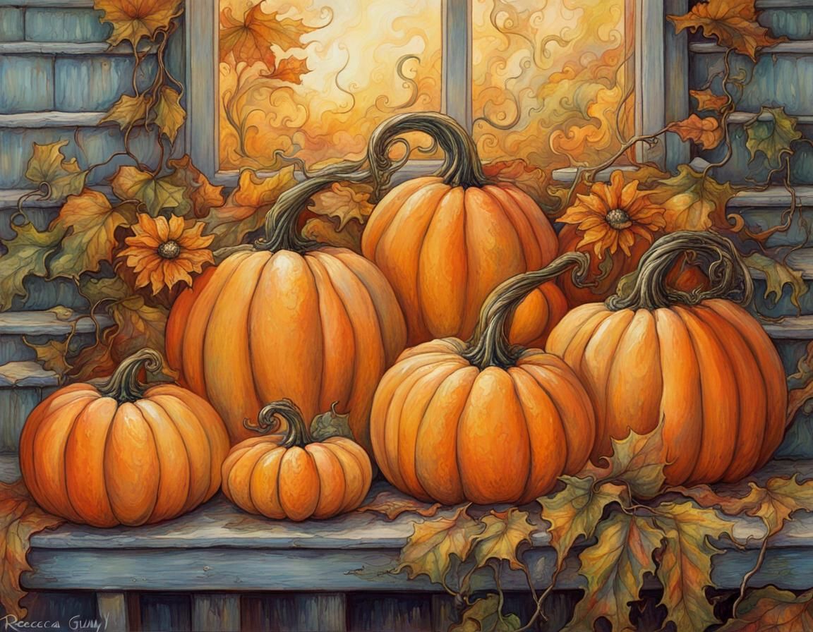 Mini Pumpkins on Porch in Fantasy Art Style