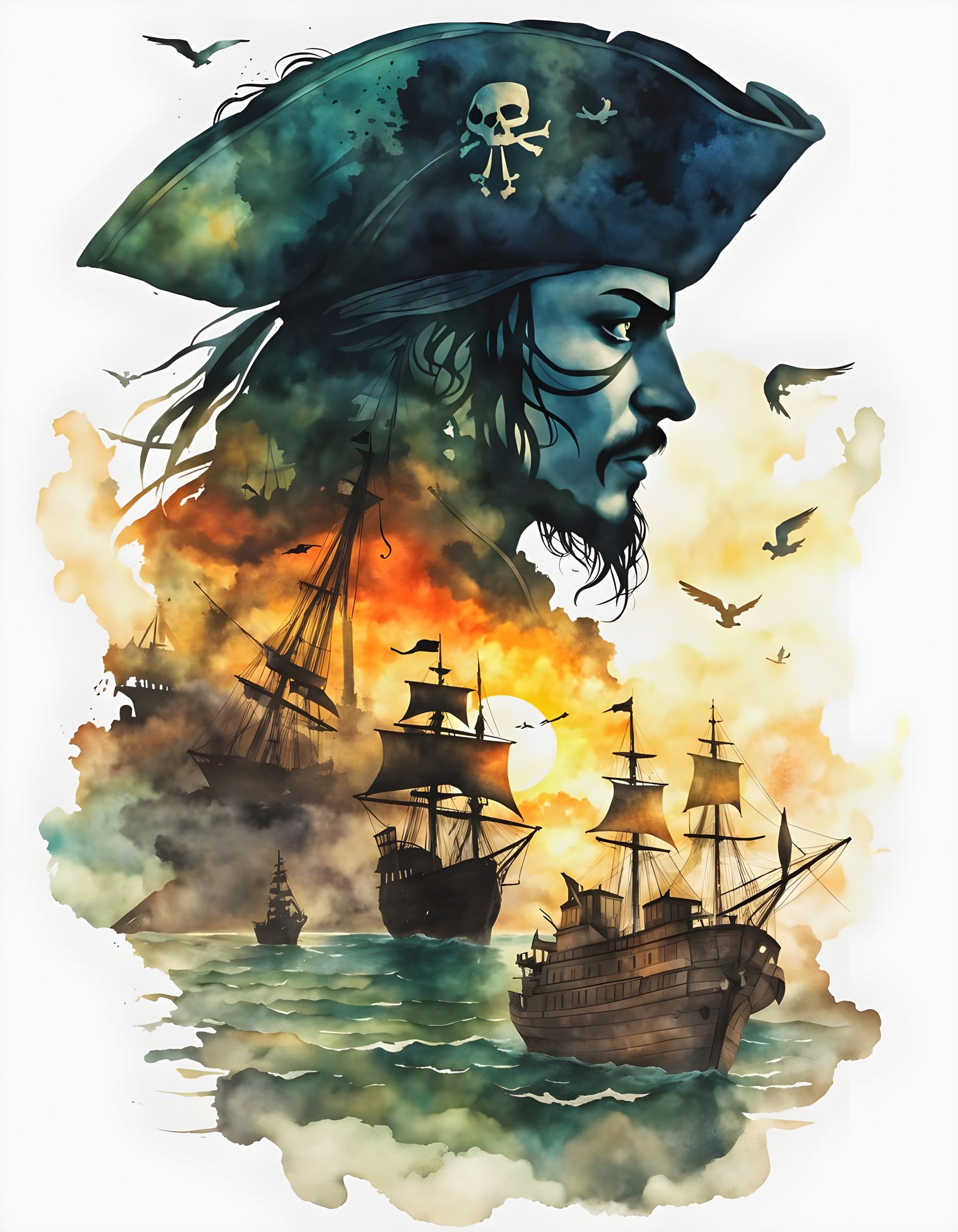 Pirate Double Exposure Seascape in Watercolor Style