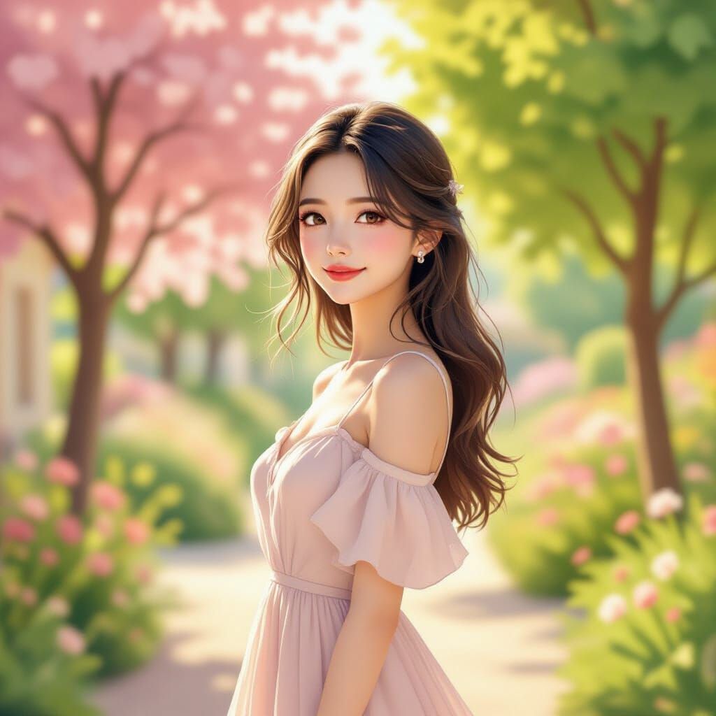 Young Woman in Pastel Garden, Realistic with Anime Softness