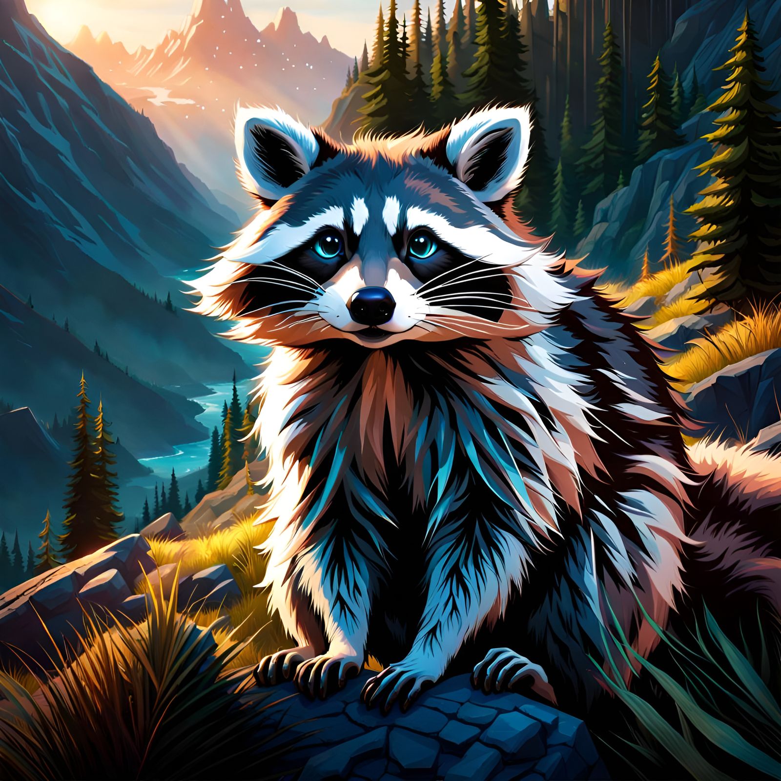 Hyperrealistic Raccoon Portrait in Mountain Landscape