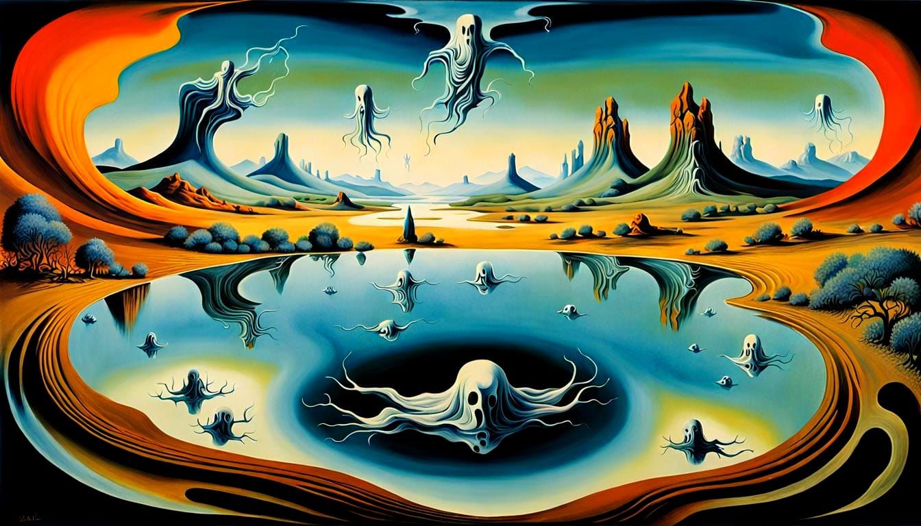 Surreal Landscape with Elastic Flora and Ghosts, Dali Style
