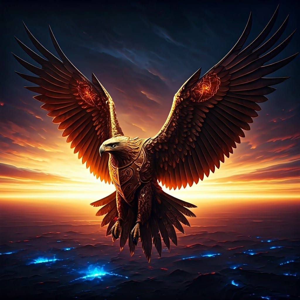Majestic Eagle Soaring Through Fiery Skies