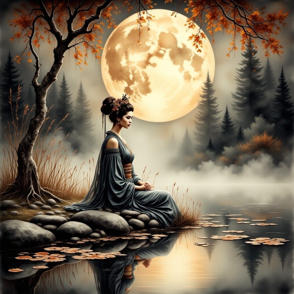 Geisha at Moonlit Pond in Antique Watercolor