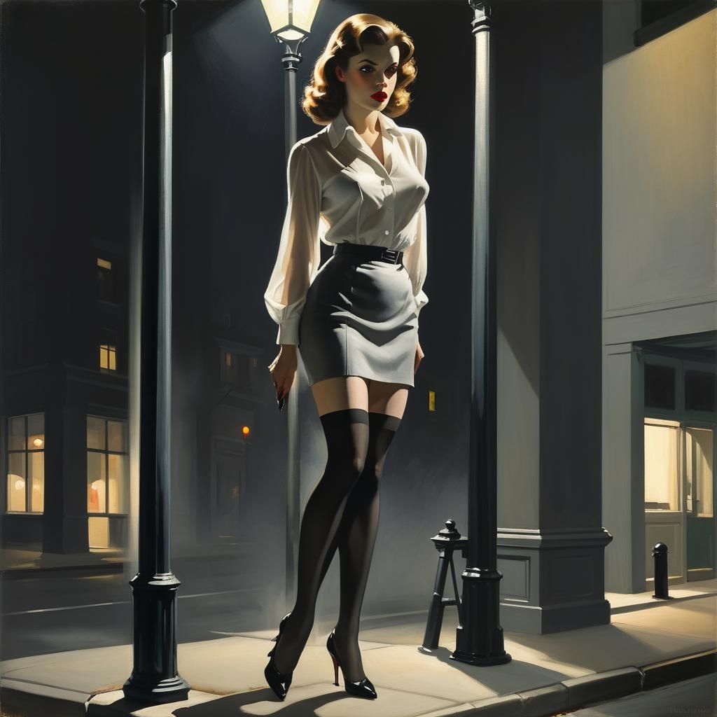 Noir Femme Fatale Under Streetlight, Hopper Style