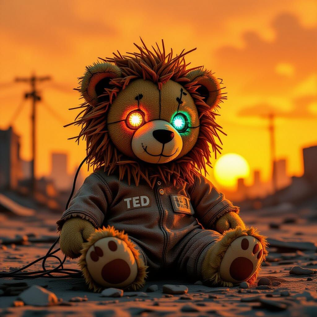 Abandoned Plush Lion in Post-Apocalyptic Landscape