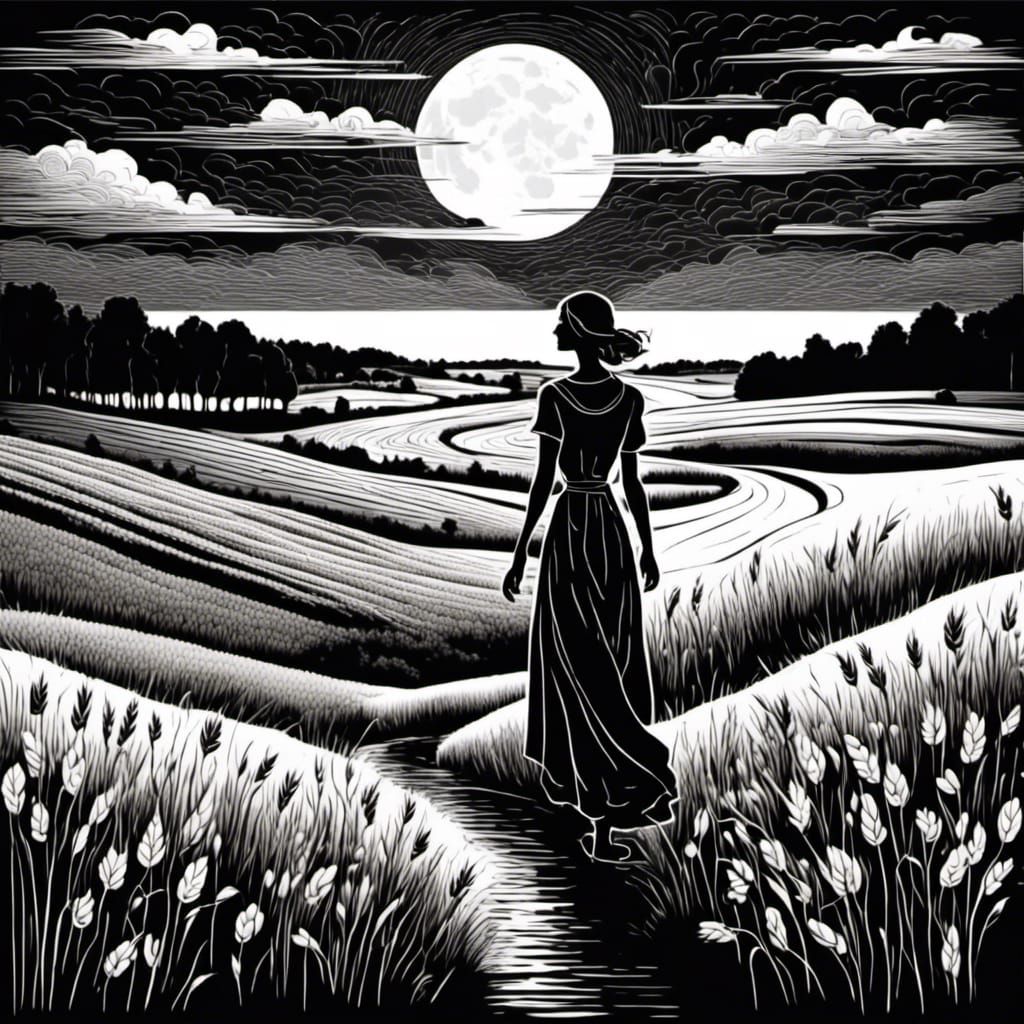 Monochrome Woman in Wheat Field Illustration