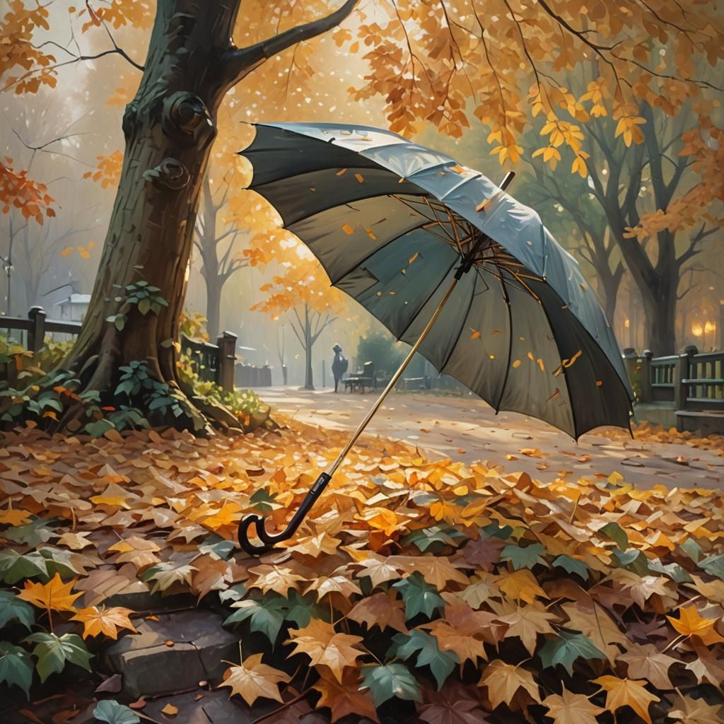 Impressionist Autumn Garden with Forgotten Umbrella