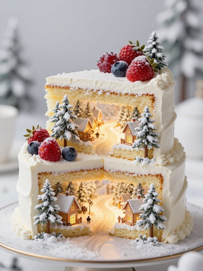 Exquisite Cake Slice With Winter Microcosm Projection