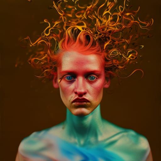 Fiery Woman in Nature's Elements: Polaroid Style