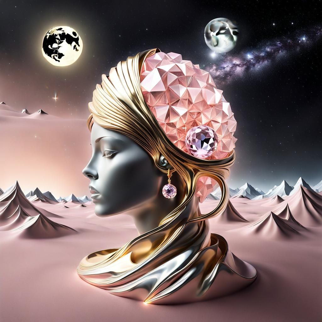 Surreal Creation of Crystal, Moon, Gold, and Silver