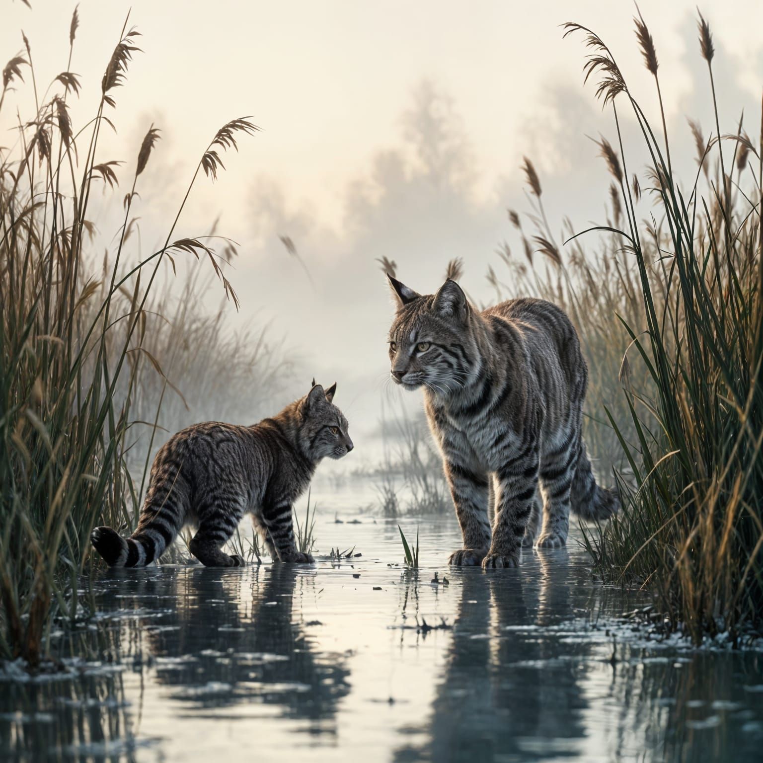 Bobcat Stalks Misty Marshland at Dawn in Matte Painting Styl...