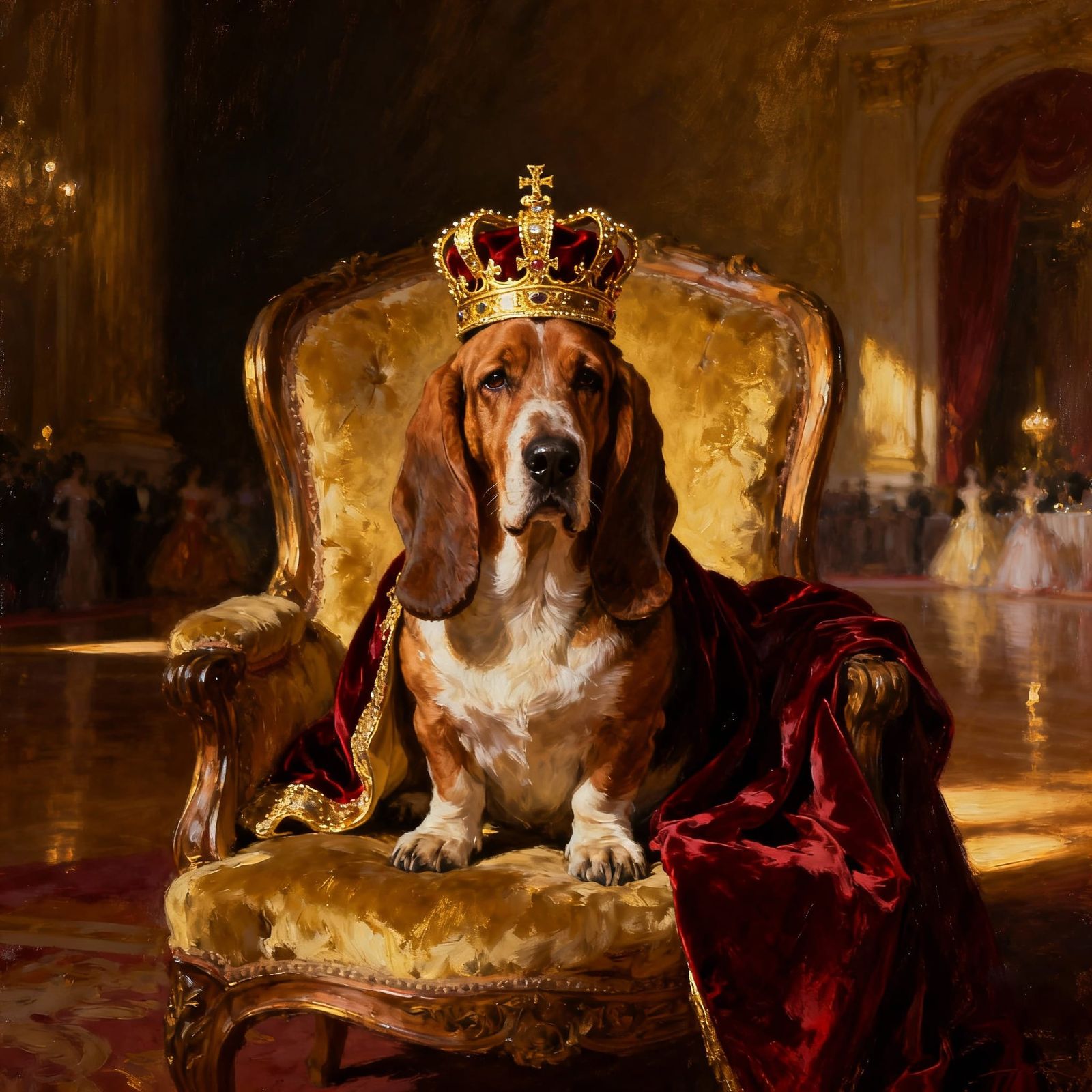 Regal Basset Hound in Velvet Cloak on Antique Armchair