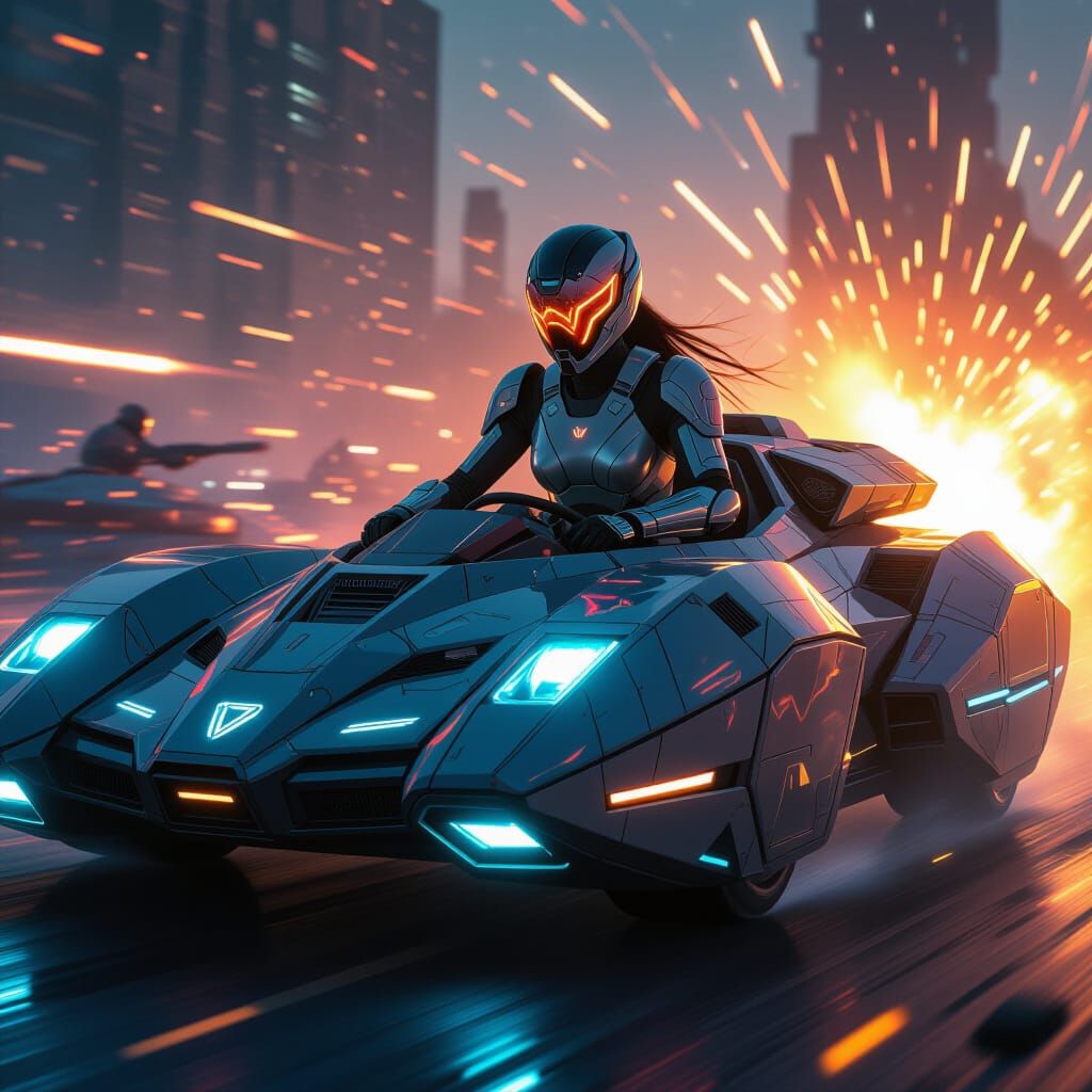 Futuristic Battle Tank Driven by Armored Warrior in Sci-Fi S...