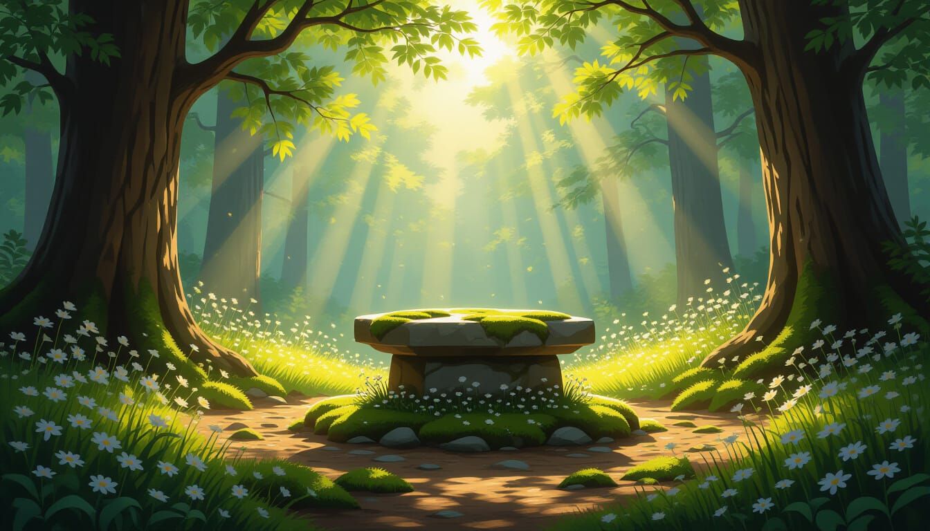 Stone Altar in Sunlit Forest Clearing
