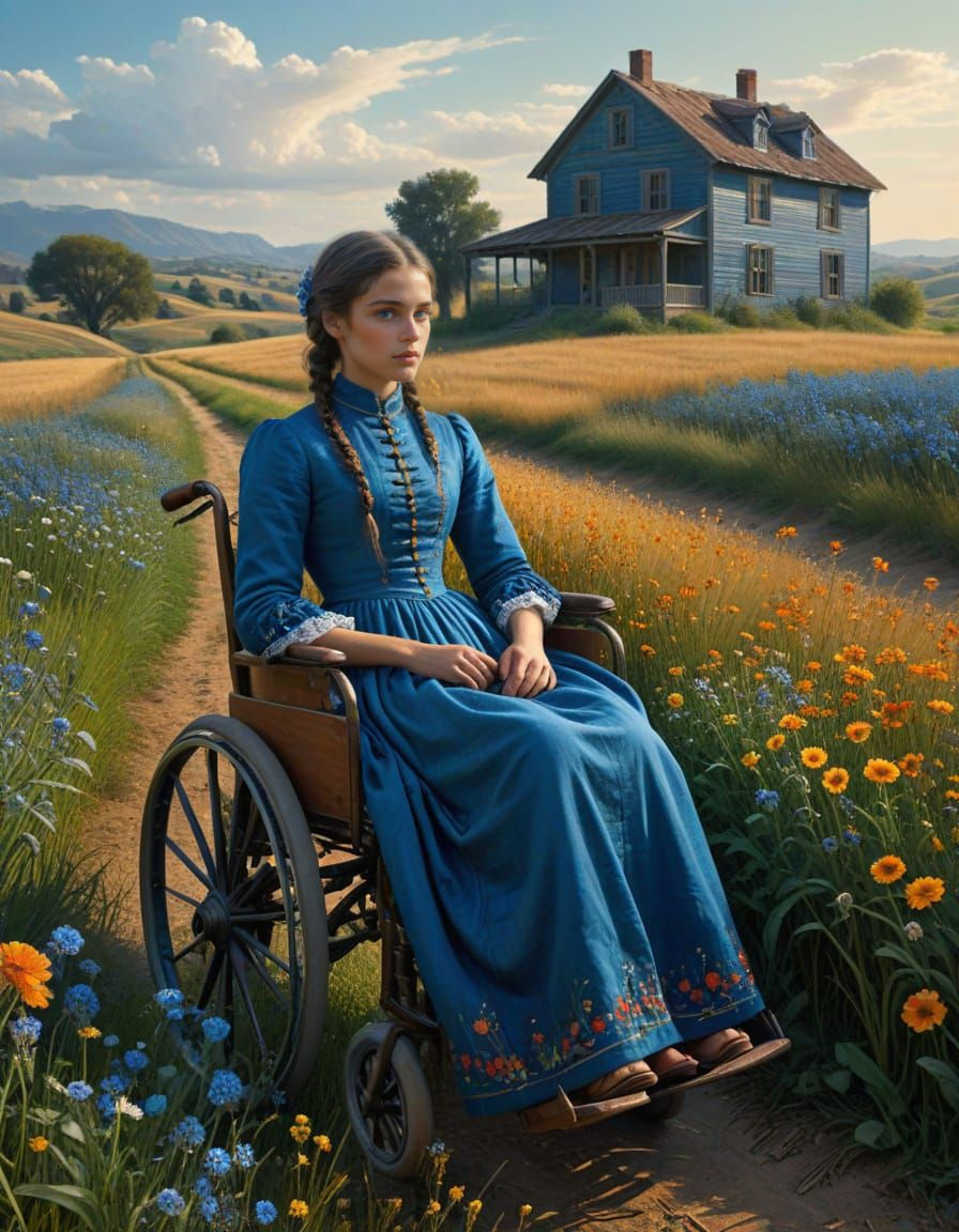 Ethereal Wheatfield Scene With Girl in Blue Dress