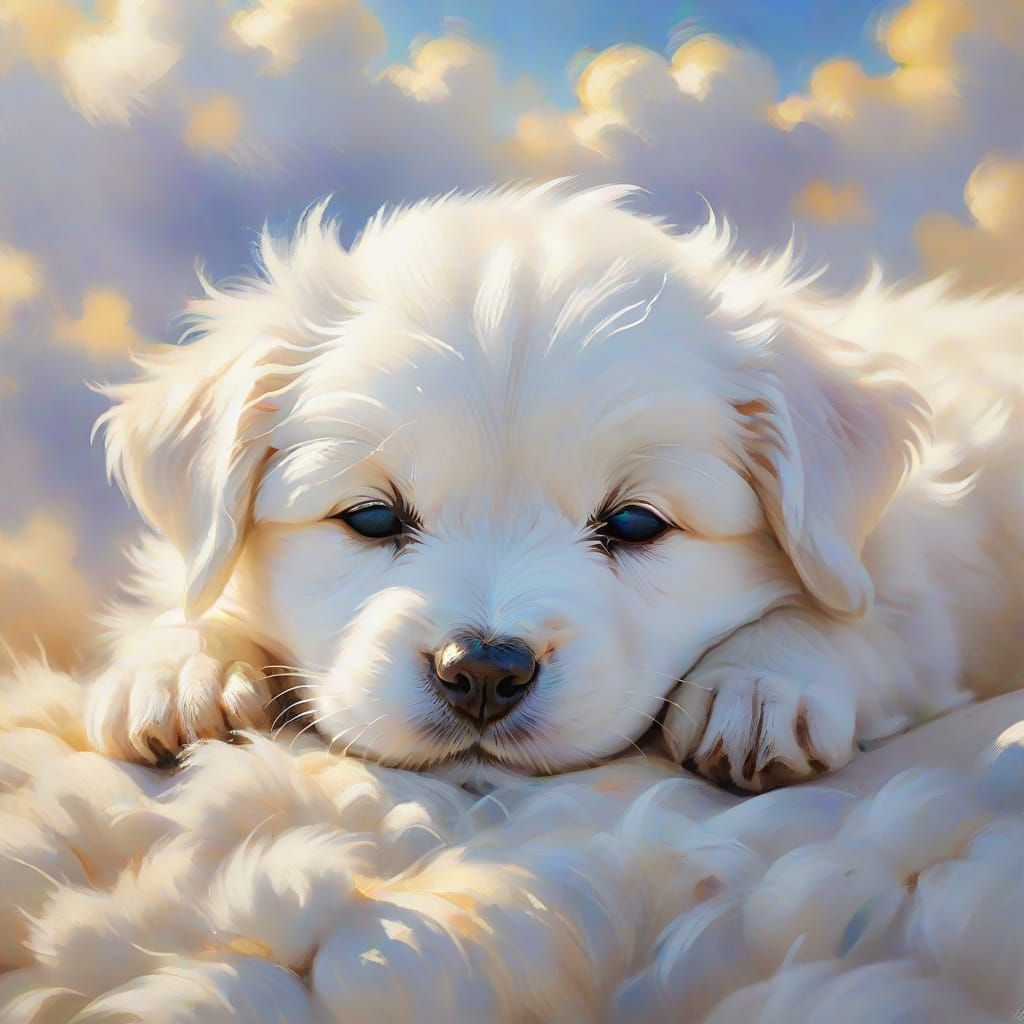 Cute White Puppy in Serene Impressionist Scene