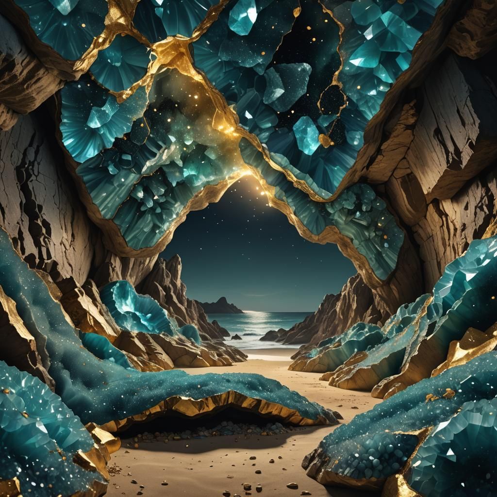 Teal Geode with Gold Flakes in Cave