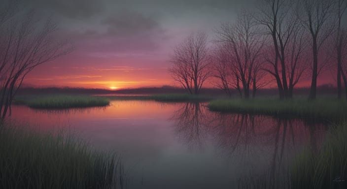 Fiery Sunset Over Reflective Wetland Landscape