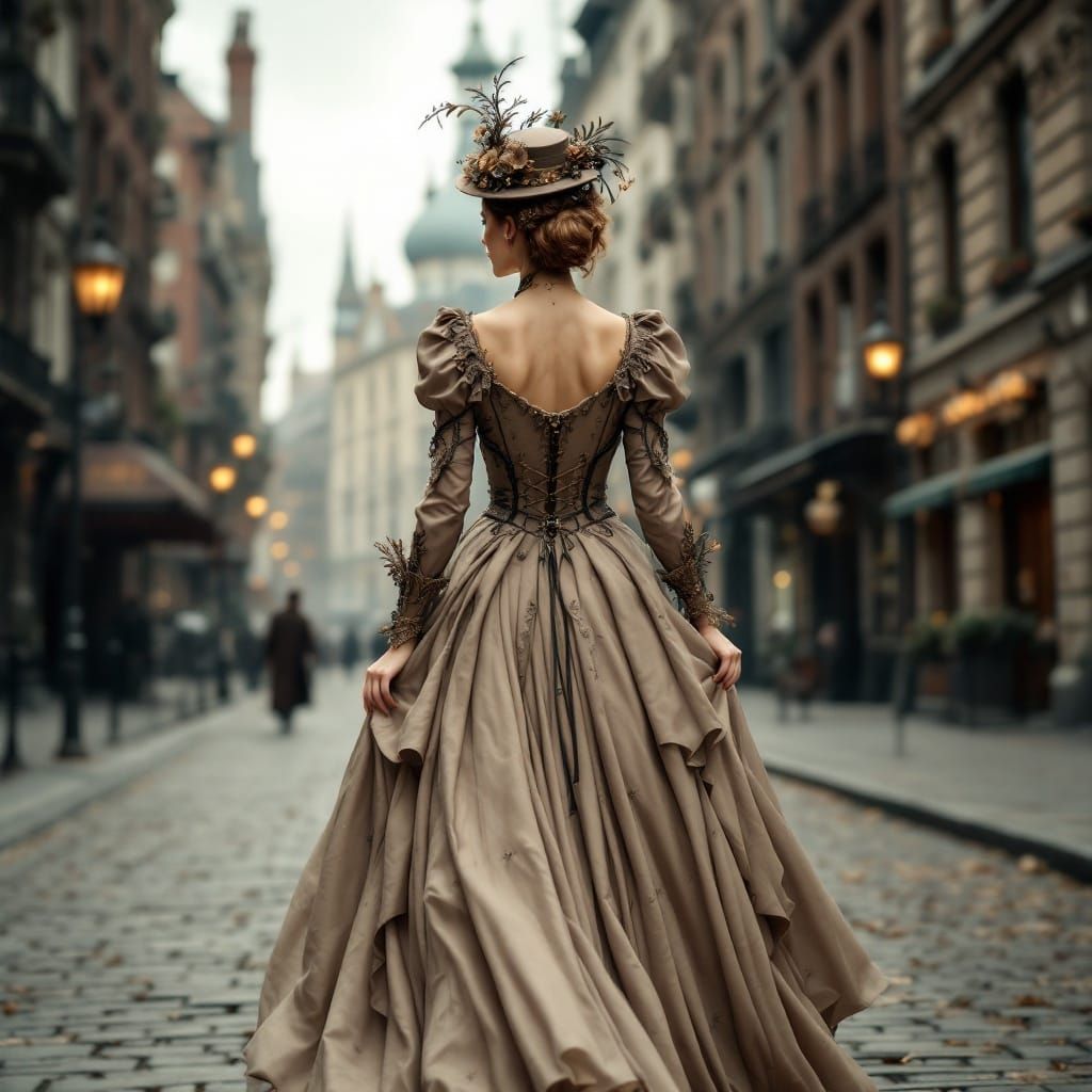 Steampunk Lady in Victorian Gown Walks City Boulevard