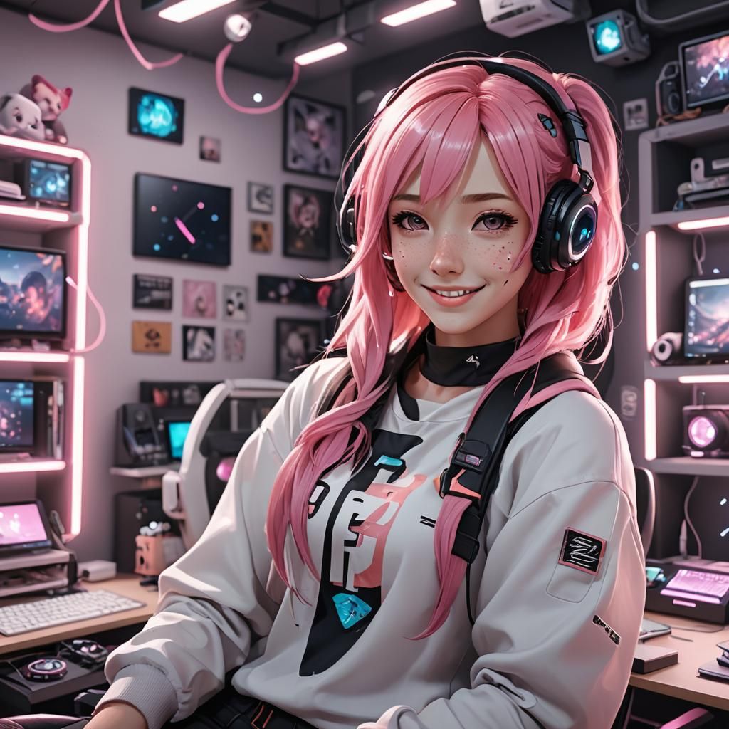 young girl, with pink hair, gamer style, in her geek room co...