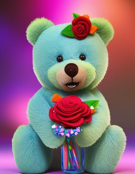 Smiling Teddy Bear with Rose Bouquet in Candy Art